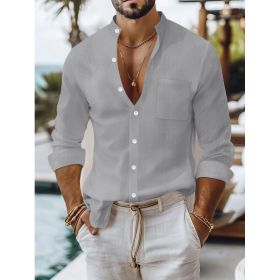 Solid-color Cotton-linen Shirt, Mandarin-collar Cardigan, Long-sleeve Business-casual Shirt (Option: Gray-M)