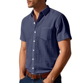 Solid Color Linen Shirt Short Sleeve Men (Option: Navy Blue-M)