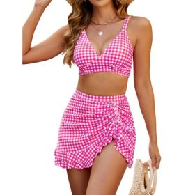 Split Bikini Cover Belly Slimming Swimsuit Suit (Option: Pink and white grid-XXL)