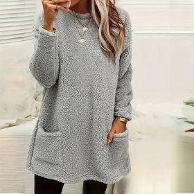 Women's Long Sleeved Pocket Plush Hoodie T-shirt (Option: Grey-3XL)
