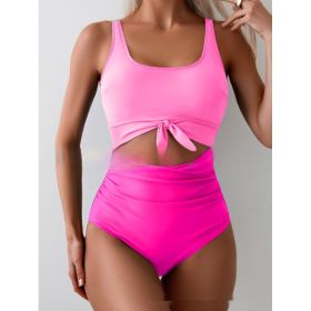 One-piece Female Stitching Contrast Color Strap Covered Belly Swimsuit (Option: Pink Rose Red-XXL)