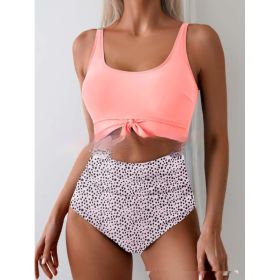 One-piece Female Stitching Contrast Color Strap Covered Belly Swimsuit (Option: Pink Flower-XXL)