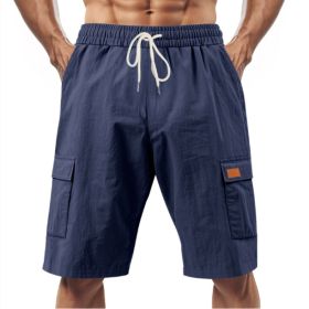 Loose Sports And Leisure Solid Color Linen Drawstring Shorts (Option: XXL-Dark Blue with Label)