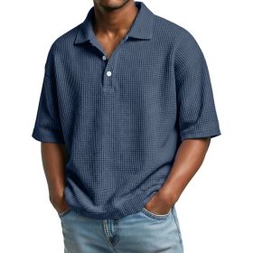 Mens Minimalist Basic Waffle-knit Button-up Collar Top (Option: Dark Blue-2XL)
