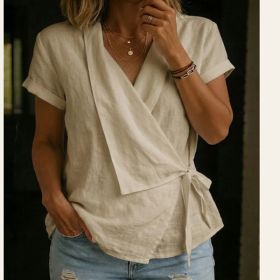 Women's Casual Lapel Collar Lace-Up Short-Sleeve Top (Option: Beige-XL)