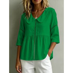 Womens Doll-Neck Hollow-Out Cotton-Linen Top (Option: Green-XXL)