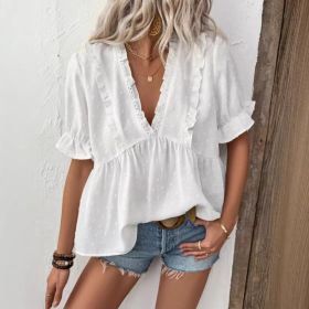 Women's Casual Solid Color Lace-trimmed V-neck T-shirt Top (Option: White-2XL)