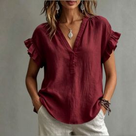 Women's Casual V-Neck Cotton-Linen Blouse Top Summer Ruffle Short-Sleeve Solid Color Office Daily Wear Shirts (Option: Wine Red-XL)