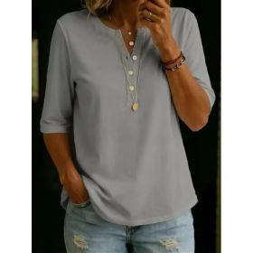 Women's Solid-Colored Cotton Button-Down Half-Sleeve Shirt (Option: Gray-M)