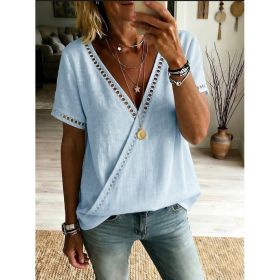 Casual Patchwork Hollow-Out Lace V-Neck Short-Sleeve Top (Option: Light Blue-M)
