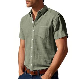 Solid Color Linen Shirt Short Sleeve Men (Option: Army Green-M)