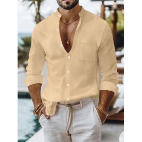 Solid-color Cotton-linen Shirt, Mandarin-collar Cardigan, Long-sleeve Business-casual Shirt (Option: Khaki-M)