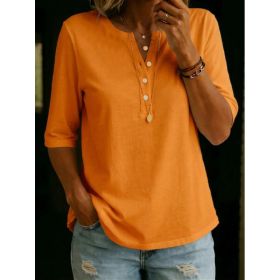 Women's Solid-Colored Cotton Button-Down Half-Sleeve Shirt (Option: Orange-M)
