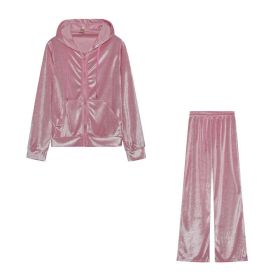Fashion Rhinestone Velvet Sports And Leisure Suit Two-piece Set (Option: Pink-M)