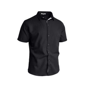 Mens Solid-color Short-sleeve Lapel Shirt (Option: Black-M)