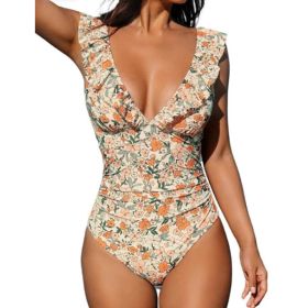 Belly One-piece V-neck Flounce Lace-up Multi-color Women's Swimsuit (Option: Apricot Floral-M)