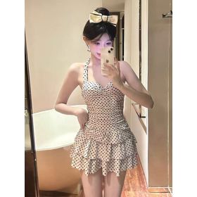 Women's Retro Polka-Dot One-Piece Swimsuit (Option: White-L)