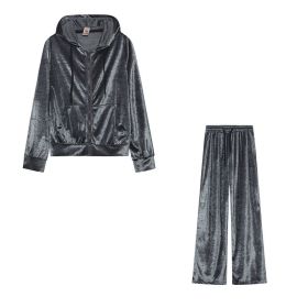 Fashion Rhinestone Velvet Sports And Leisure Suit Two-piece Set (Option: Gray-M)