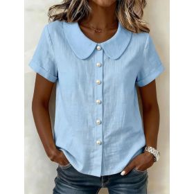 Womens Solid-Colored Short-Sleeve Casual Loose Cotton-Linen Shirt (Option: Sky Blue-M)