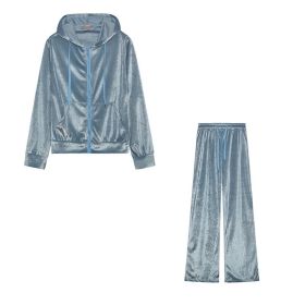 Fashion Rhinestone Velvet Sports And Leisure Suit Two-piece Set (Option: Light Blue-M)