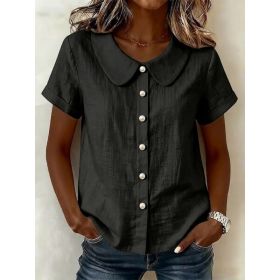 Womens Solid-Colored Short-Sleeve Casual Loose Cotton-Linen Shirt (Option: Black-M)