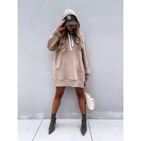 Women's Hooded Sweatshirt With Pockets Fashion Casual Split Mid-length Sweater Drawstring Tops (Option: Khaki-M)