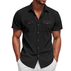 Loose Heavy Lapel Corduroy Workwear Short Sleeve Shirt (Option: Black-M)