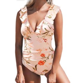 Belly One-piece V-neck Flounce Lace-up Multi-color Women's Swimsuit (Option: Skin Color-M)