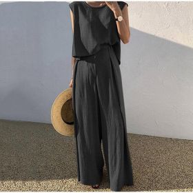 Cotton And Linen Casual Sleeveless Top Wide Leg Pants Two-piece Set (Option: Black-M)
