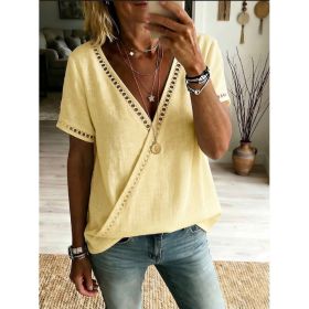 Casual Patchwork Hollow-Out Lace V-Neck Short-Sleeve Top (Option: Yellow-M)