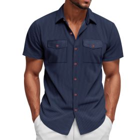 Loose Heavy Lapel Corduroy Workwear Short Sleeve Shirt (Option: Navy Blue-M)