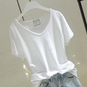Versatile Patchwork Bamboo-cotton Thin Summer Short-sleeve Top (Option: White-L)