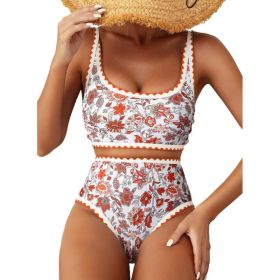 Fashion Paisley Pattern Floral Edge Sexy Bikini Swimsuit (Option: Orange Red-M)
