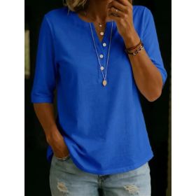 Women's Solid-Colored Cotton Button-Down Half-Sleeve Shirt (Option: Blue-M)