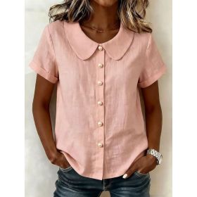 Womens Solid-Colored Short-Sleeve Casual Loose Cotton-Linen Shirt (Option: Pink-M)