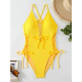 European And American Sexy Backless Siamese Bikini Swimsuit (Option: Yellow-M)