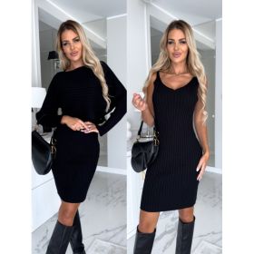 2pcs Suit Women's Solid Stripe Long-sleeved Top And Tight Suspender Skirt Fashion Autumn Winter Slim Clothing (Option: Black-M)