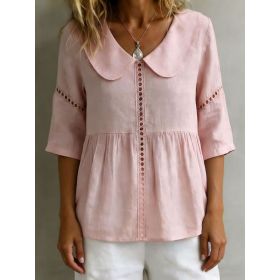 Womens Doll-Neck Hollow-Out Cotton-Linen Top (Option: Pink-M)