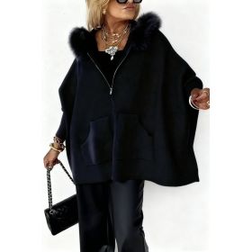 Ins Plush Hooded Cardigan Fashion Warm Pockets Zip-up Knitted Jacket Casual Outerwear Batwing Sleeve Sweater Women's Clothing (Option: Black-XS)