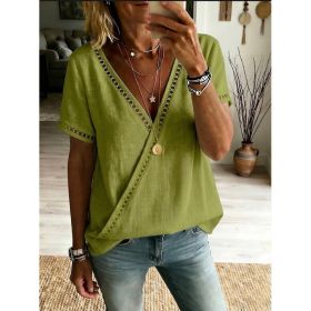 Casual Patchwork Hollow-Out Lace V-Neck Short-Sleeve Top (Option: Green-3XL)