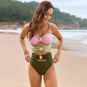 Solid Color Stitching Metal Buckle Swimsuit (Option: 3 Colors-L)