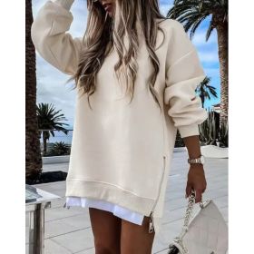 Fall Winter Fashion Stitching Side Zipper Design Pullover Sweater For Women (Option: Apricot-XXL)