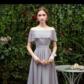 Bridesmaid Long Gray Bridesmaid Sisters Wedding Slimming Off-shoulder Banquet Dress (Option: Gray B-XL)
