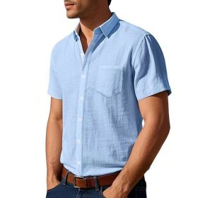 Solid Color Linen Shirt Short Sleeve Men (Option: Light Blue-XXXL)