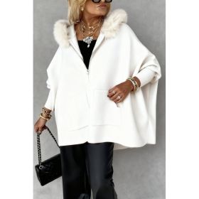Ins Plush Hooded Cardigan Fashion Warm Pockets Zip-up Knitted Jacket Casual Outerwear Batwing Sleeve Sweater Women's Clothing (Option: White-XS)