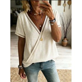 Casual Patchwork Hollow-Out Lace V-Neck Short-Sleeve Top (Option: Apricot-3XL)