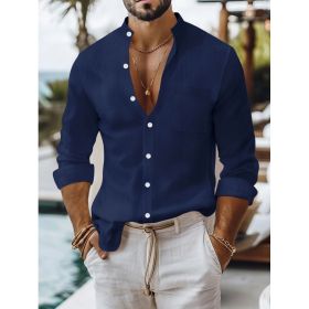 Solid-color Cotton-linen Shirt, Mandarin-collar Cardigan, Long-sleeve Business-casual Shirt (Option: Navy Blue-L)