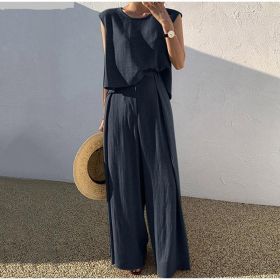 Cotton And Linen Casual Sleeveless Top Wide Leg Pants Two-piece Set (Option: Navy Blue-5XL)