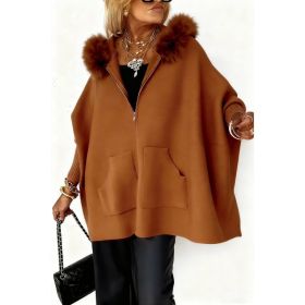 Ins Plush Hooded Cardigan Fashion Warm Pockets Zip-up Knitted Jacket Casual Outerwear Batwing Sleeve Sweater Women's Clothing (Option: Brown-L)