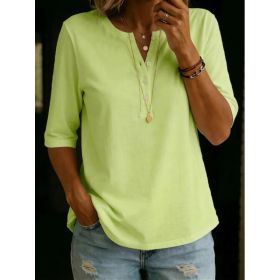 Women's Solid-Colored Cotton Button-Down Half-Sleeve Shirt (Option: Light Green-L)
